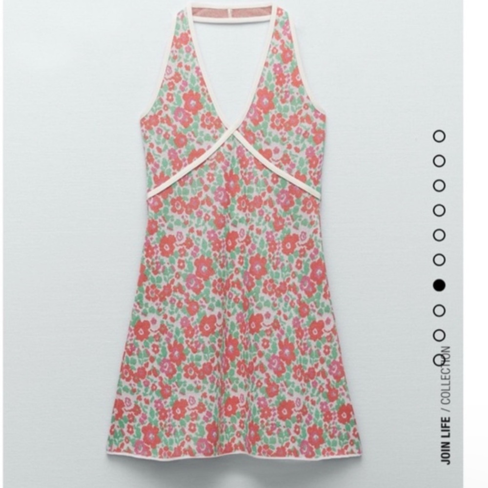 Zara Halter V-Neck Pink & Red Floral Retro 70’s Flower Power Groovy Mini Dress S - Picture 10 of 11